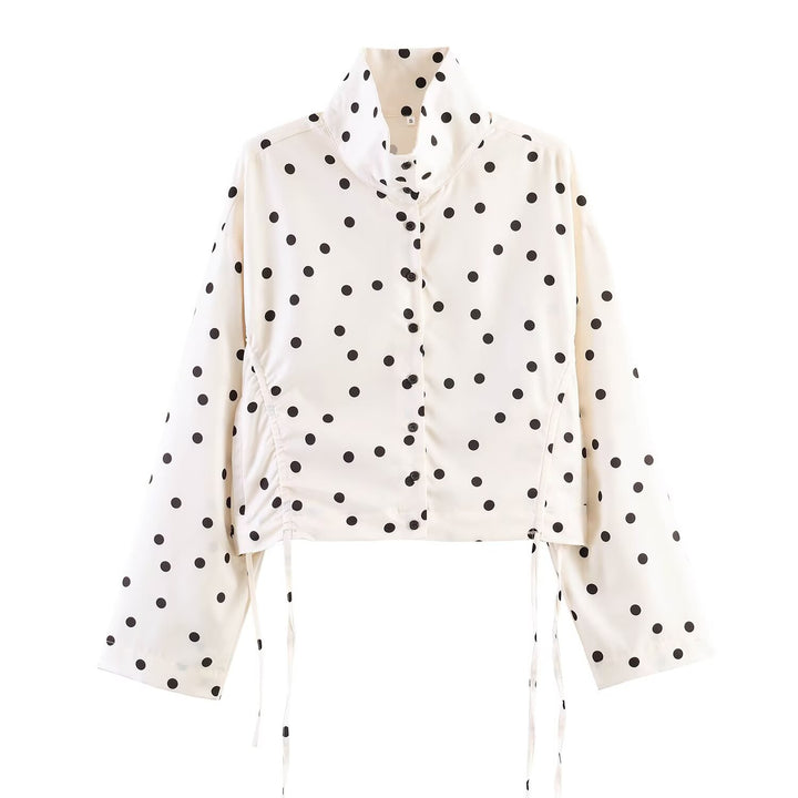Ladies short cut dotted rain jacket with stand-up collar, snap button placket and drawstring Mune Fashion