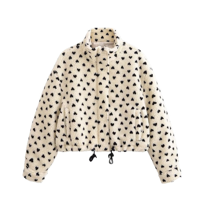 Women's teddy jacket with stand-up collar, heart all-over and drawstring hem Mune Fashion