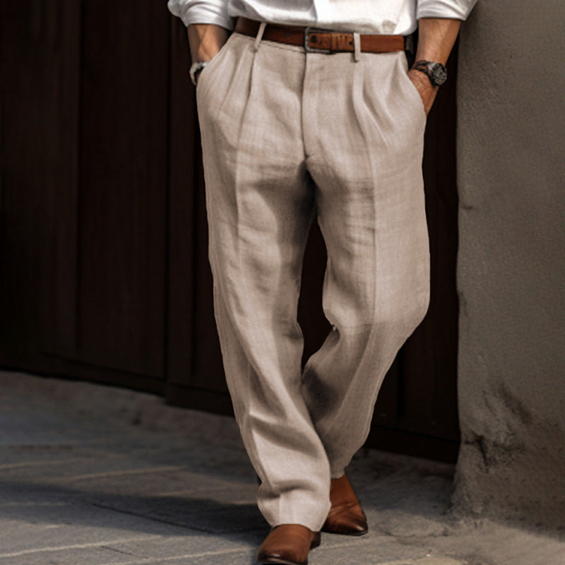 Men's Linen Blend Pleated Pants with Wide Leg and High Waist Mune Fashion
