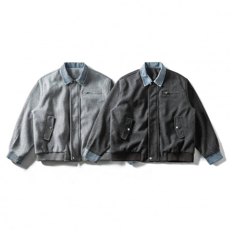 Men's short-cut wool blend bomber jacket with denim collar, concealed zipper, and flap pockets Mune Fashion