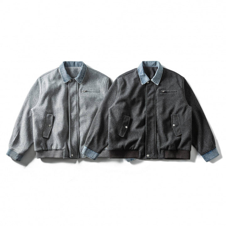 Men's short-cut wool blend bomber jacket with denim collar, concealed zipper, and flap pockets Mune Fashion