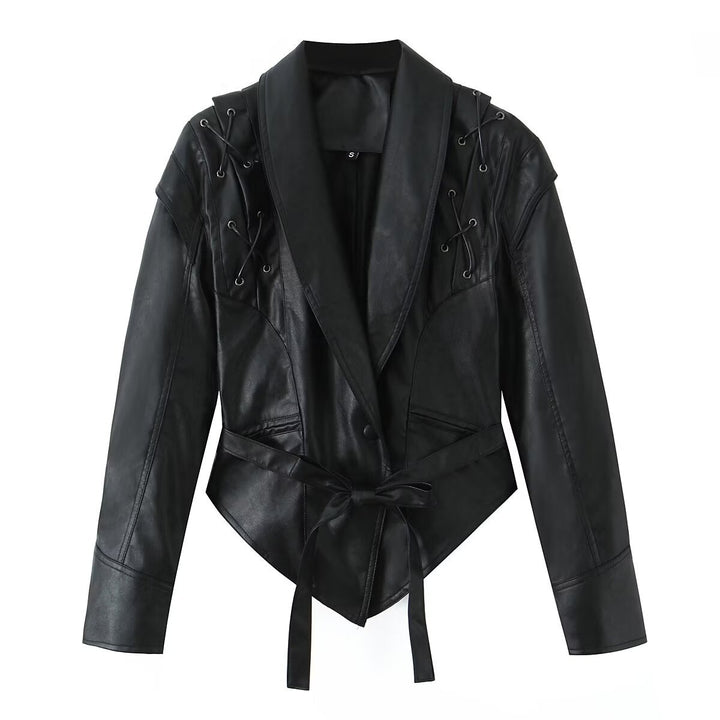 Women's tailored faux leather blazer with lacing details at the shoulders and tie belt Mune Fashion