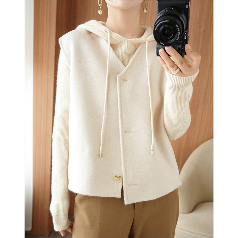 Women’s Layering Knit Jacket with Hood and Sleeveless Wool Blend Vest Mune Fashion