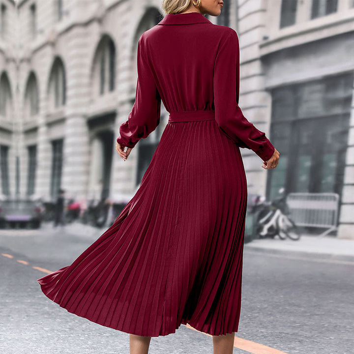 Women Elegant Pleated Dress with Belt Mune Fashion