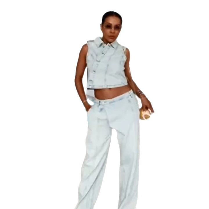 Women's Cropped Sleeveless Denim Set with Tailored Vest & Wide High-Waist Pants Mune Fashion