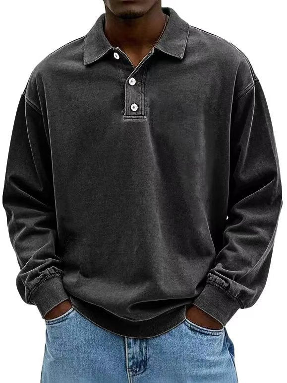 Men's casual polo shirt sweatshirt with collar, vintage wash and three-piece button placket Mune Fashion