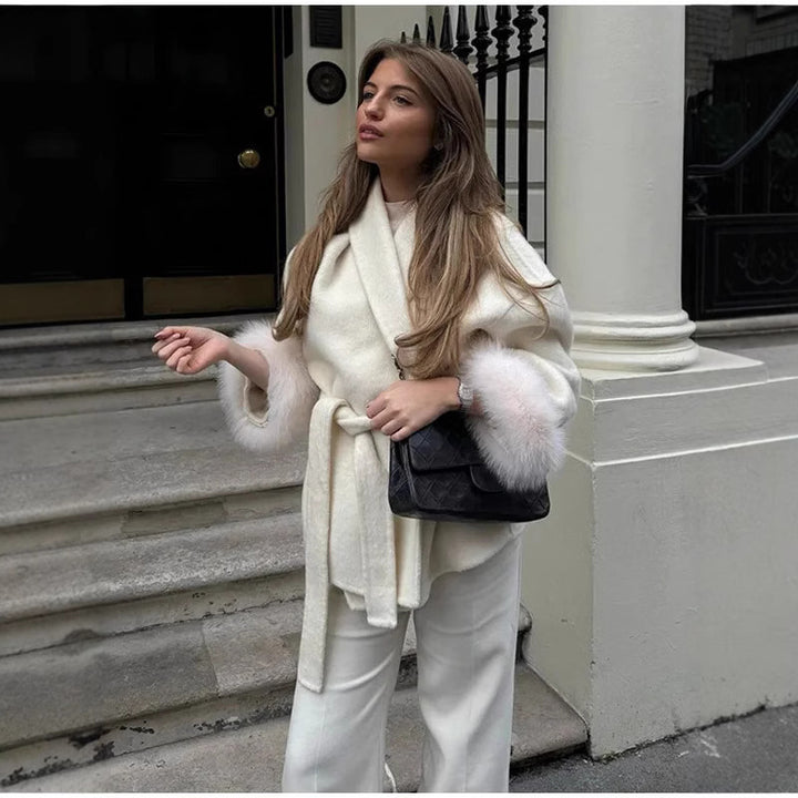 Women’s Wrap Coat with Tie Belt and Fur Trim on the Sleeves Mune Fashion
