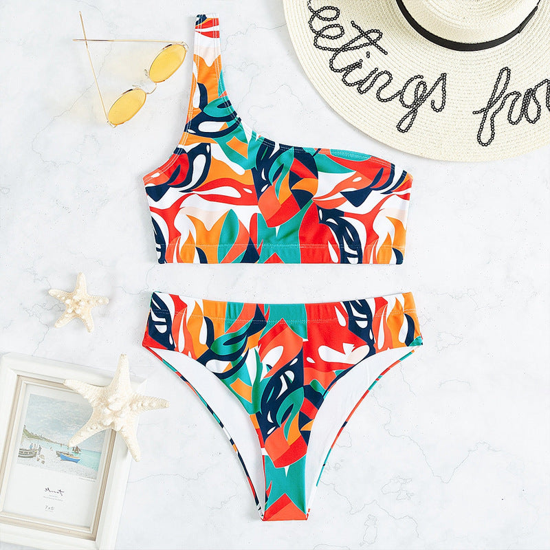 Women's one-sided bikini with fashionable floral print and high leg cuts Mune Fashion