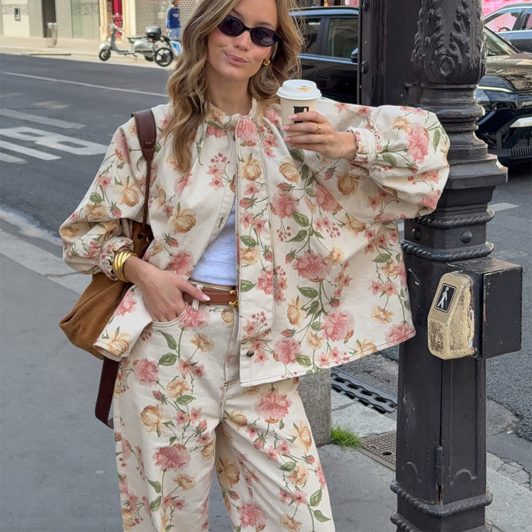 Women's Two-Piece Floral Print Co-Ord Set with Oversized Blouson and High-Waist Pants Mune Fashion