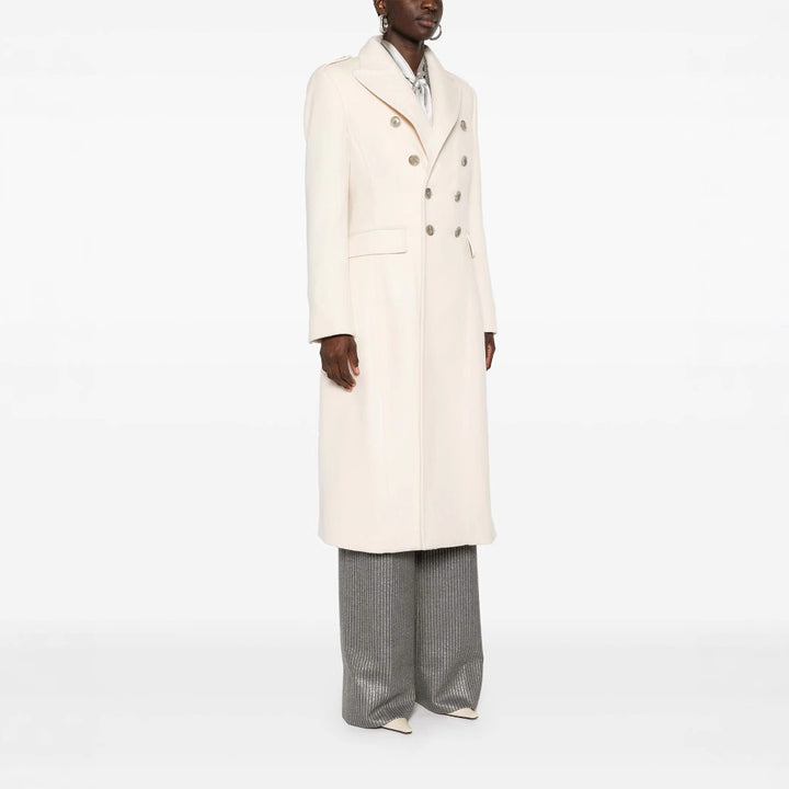 Women Long Double-Breasted Coat made of Wool Blend with High Stand-up Collar and Flap Pockets Mune Fashion