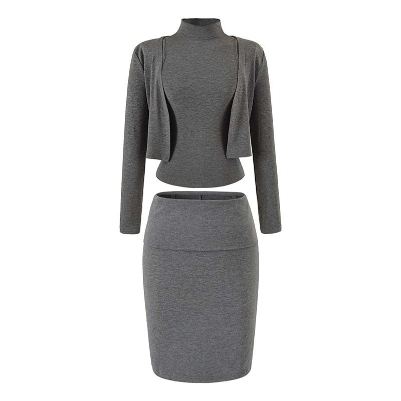 Ladies two-piece business knit set with turtleneck top, bolero, and pencil skirt Mune Fashion