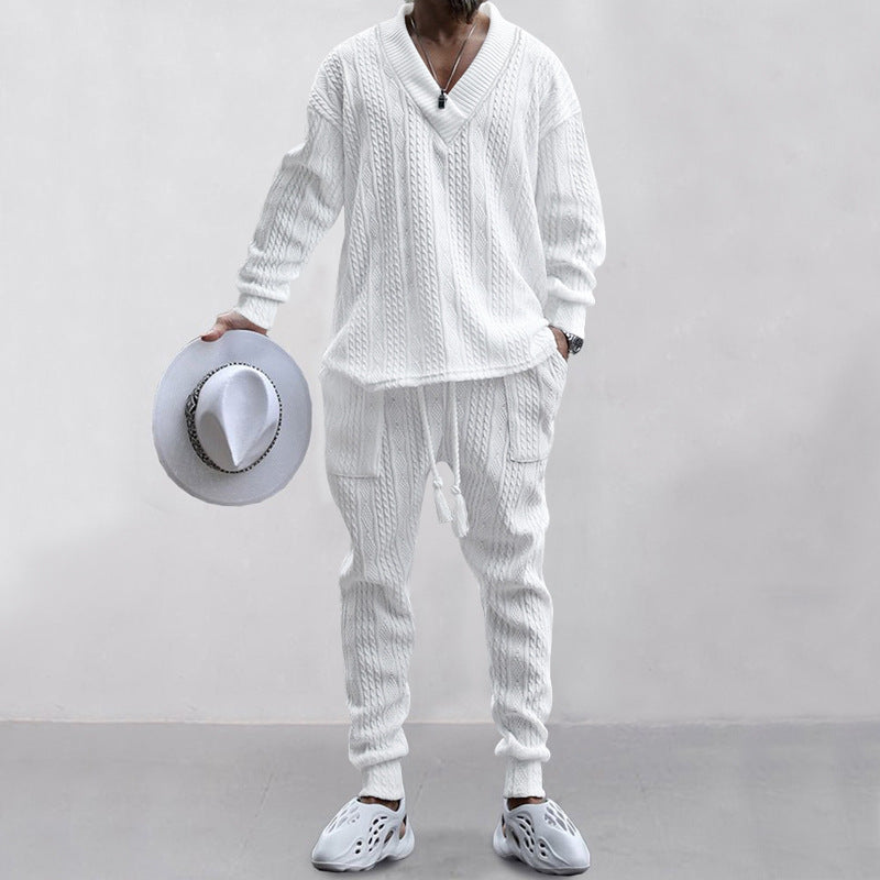 Men's comfortable cable knit set with deep V-neck, drawstring joggers and cuff Mune Fashion