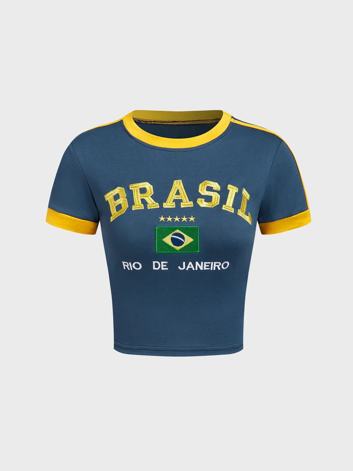 Women's short cotton crop shirt with round neck and Brazil print Mune Fashion