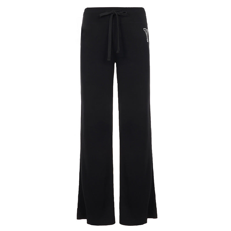 Women Soft High-Waist Lounge Pants with Wide Leg, Drawstring and Subtle Brand Embroidery Mune Fashion