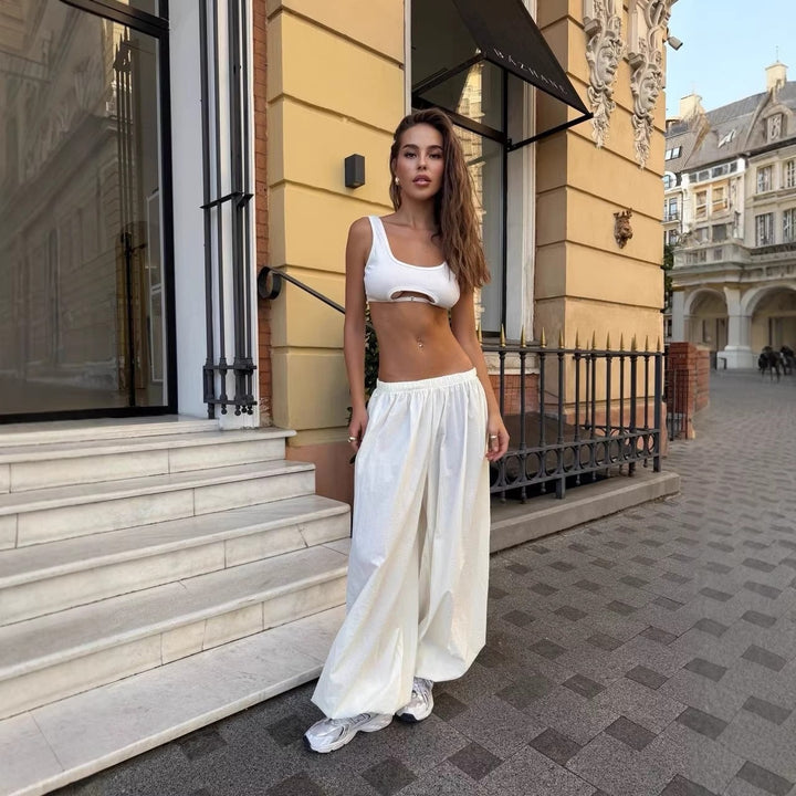 Women's wide-cut high-waist palazzo pants with elastic waistband and flowing summer quality Mune Fashion