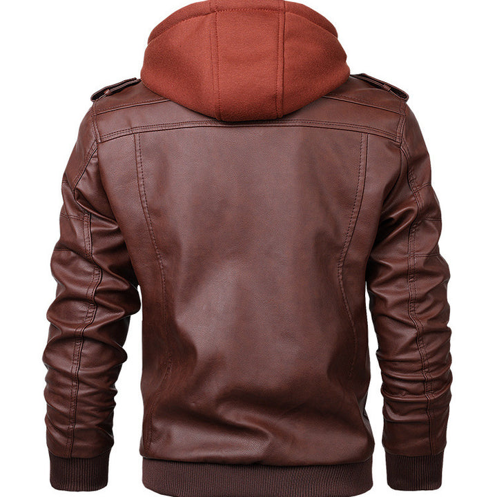 Men's Fashionable Leather Jacket with Removable Hood Mune Fashion
