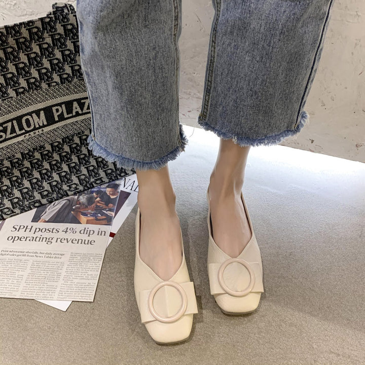 Women's Elegant Slipper-Ballet Flats with Square Toe and Decorative Round Buckle Mune Fashion