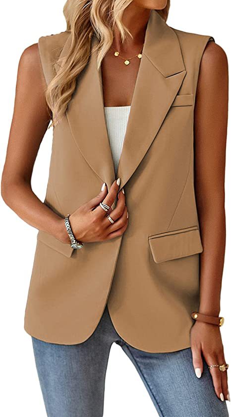 Women Sleeveless Longline Blazer Vest with Lapel Collar, Single Button and Patch Pockets Mune Fashion