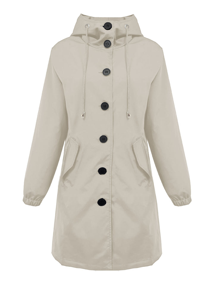 Women nan lightweight rain parka with hood, oversized button placket, drawstring and patch pockets Mune Fashion