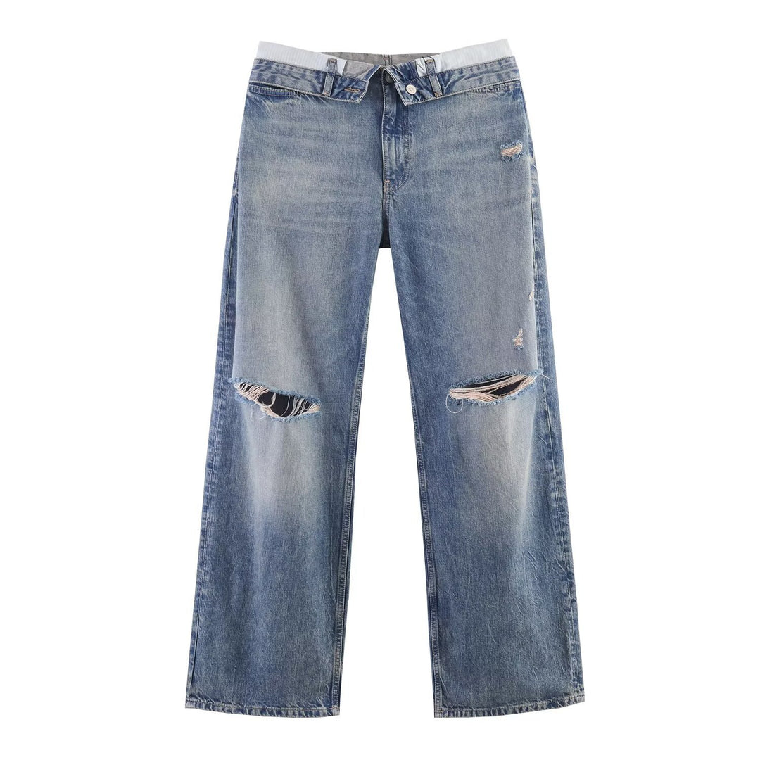 Ladies Wide-Cut Destroyed Jeans with Low Rise and Straight Leg Mune Fashion