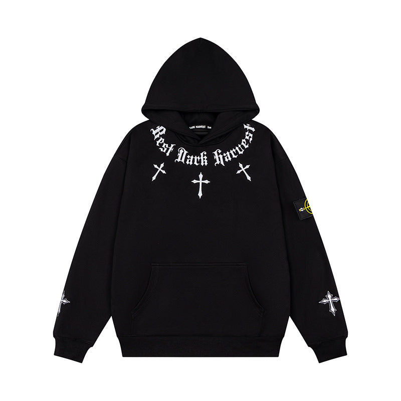 Unisex Oversize Hoodie with Gothic Cross Print, Kangaroo Pocket and Ribbed Cuffs Mune Fashion