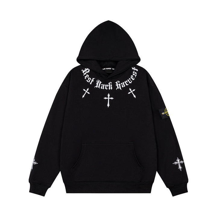 Unisex Oversize Hoodie with Gothic Cross Print, Kangaroo Pocket and Ribbed Cuffs Mune Fashion