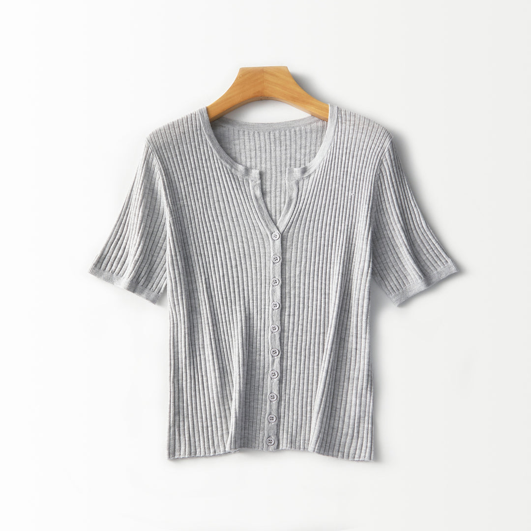 Women's Short-Sleeved Ribbed Button Cardigan from Fine Knit Mune Fashion
