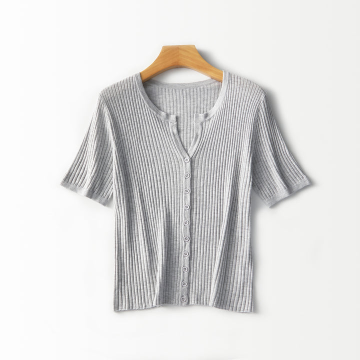 Women's Short-Sleeved Ribbed Button Cardigan from Fine Knit Mune Fashion