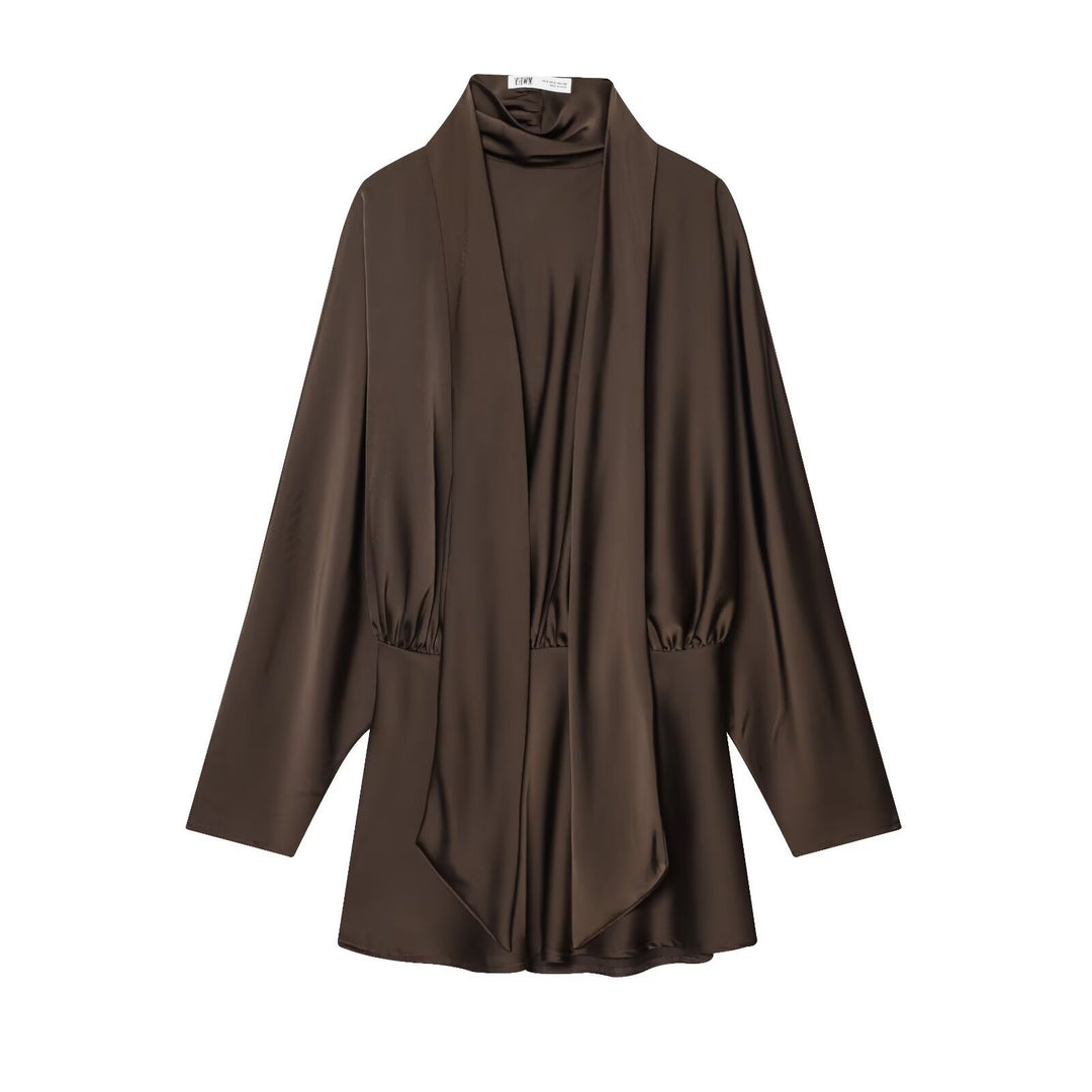 Women 30+ elegant silk-like blouse with stand-up collar and draped pull-over detail Mune Fashion