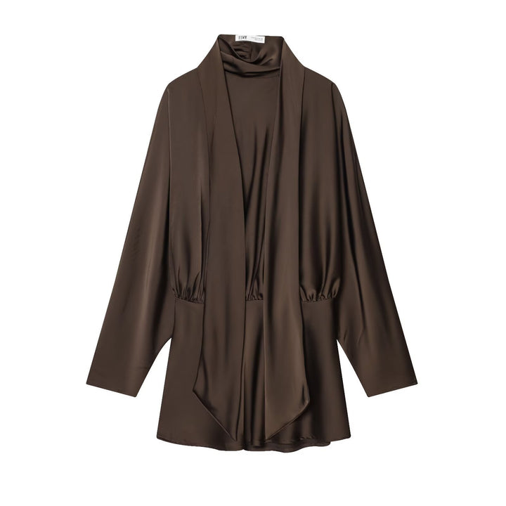 Women 30+ elegant silk-like blouse with stand-up collar and draped pull-over detail Mune Fashion