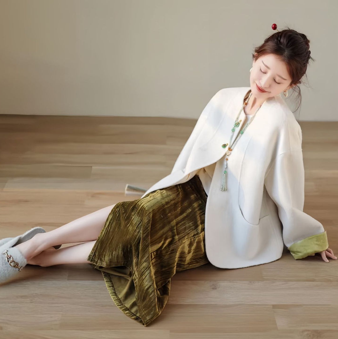 Women's Boxy Wool Jacket with Embroidered Cuffs and Stand-Up Collar Mune Fashion