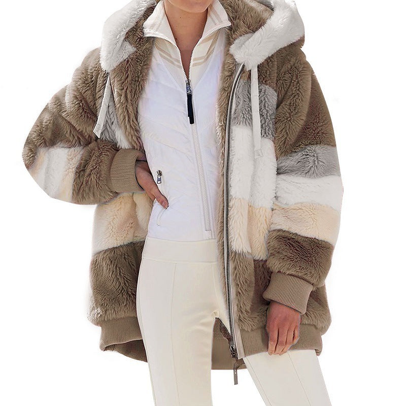 Women's oversized faux fur patchwork hooded jacket with ribbed cuffs and two-way zip Mune Fashion