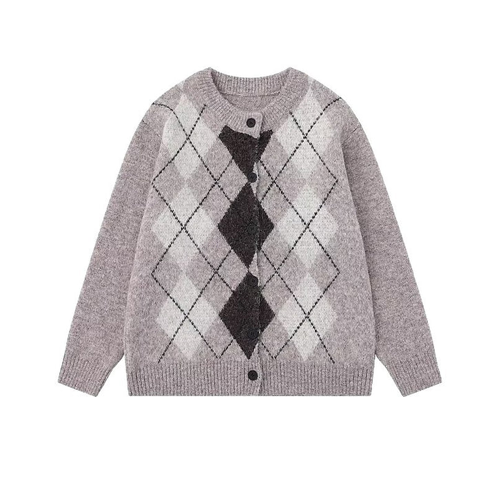 Women's chunky knit cardigan with modern check pattern Mune Fashion