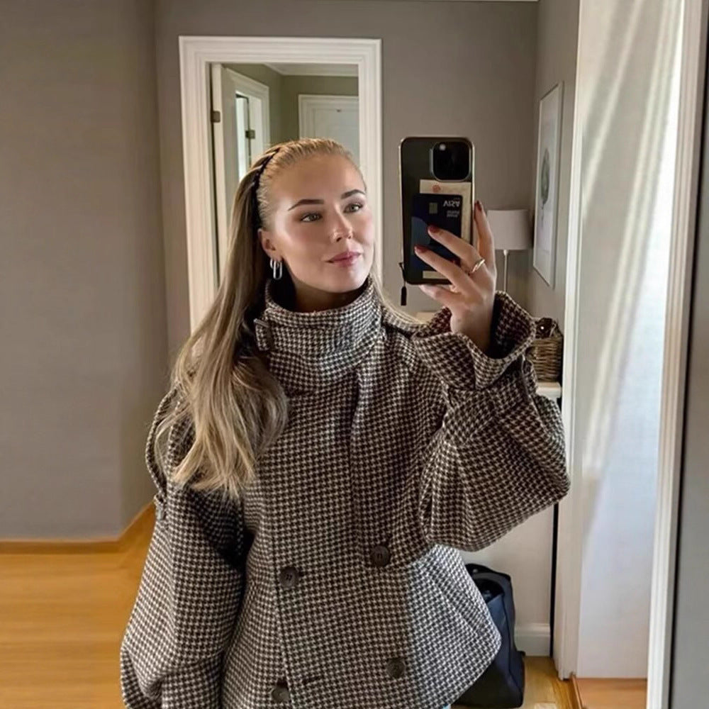 Women Oversize Trench Coat with Houndstooth Pattern, High Stand Collar and Shoulder Epaulettes Mune Fashion