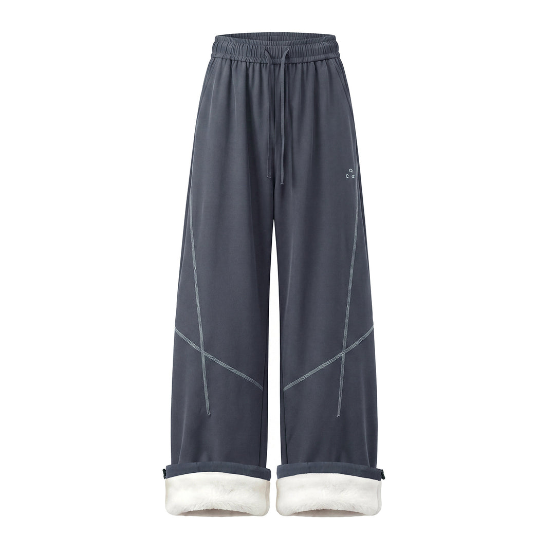 Women's Wide Fleece-Lined Casual Pants with Drawstring and Cuffed Teddy Waistband Mune Fashion