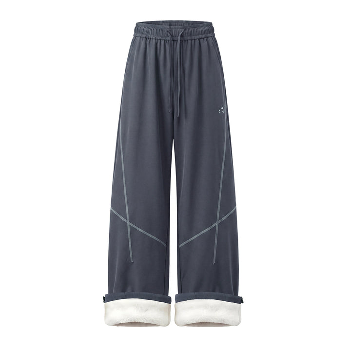Women's Wide Fleece-Lined Casual Pants with Drawstring and Cuffed Teddy Waistband Mune Fashion
