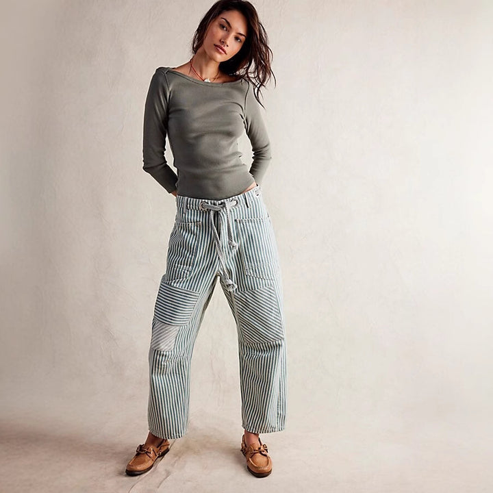 Women casual striped linen pants with drawstring and patch pockets Mune Fashion