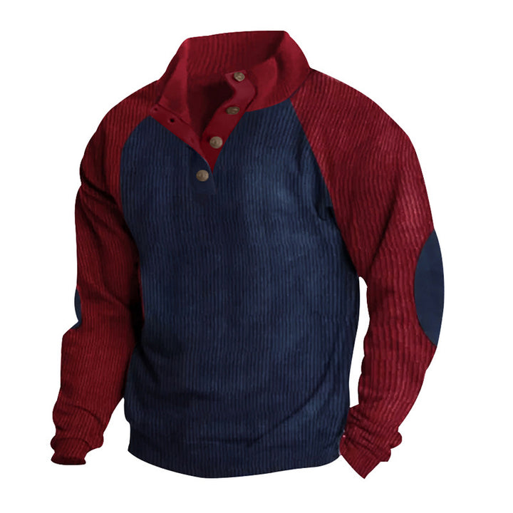 Men's corduroy half-button pullover with high collar, raglan sleeves and elbow patches Mune Fashion