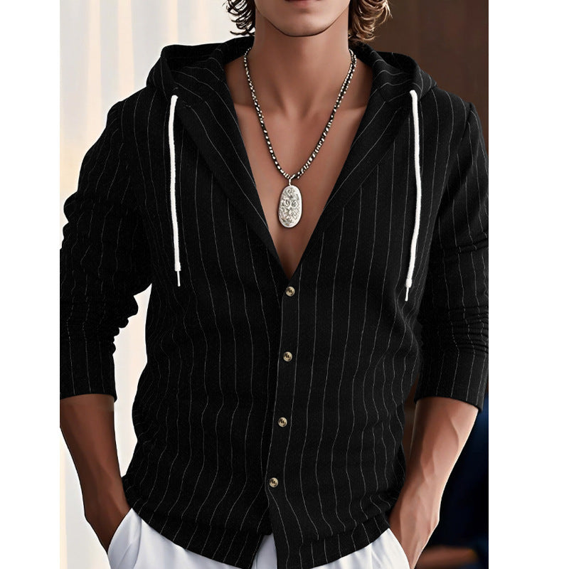 Men's modern hooded shirt with slim fit, continuous button placket, and fine pinstripe structure Mune Fashion