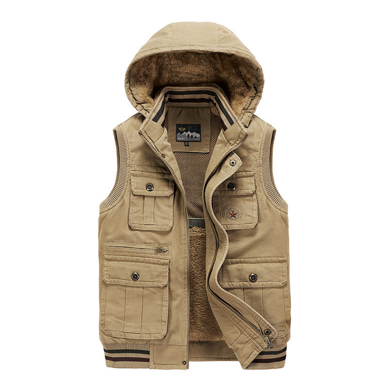 Men's Sleeveless Canvas Vest with Hood, Teddy Lining and Multi-Function Pockets Mune Fashion