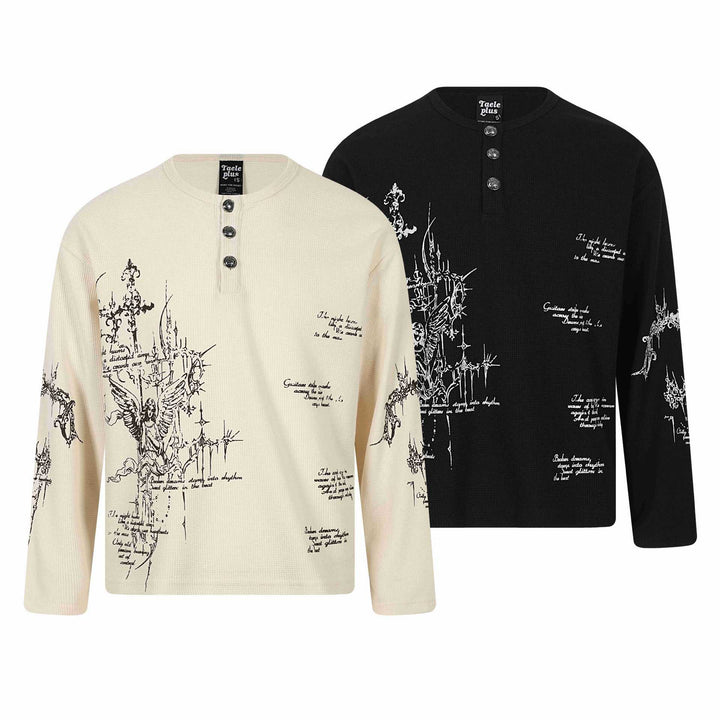 Unisex waffle knit Henley long sleeve shirt with 3-button placket and allover print Mune Fashion