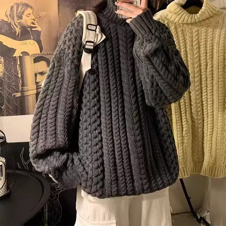 Women Chunky Knit Sweater with High Collar and Cable Pattern Mune Fashion