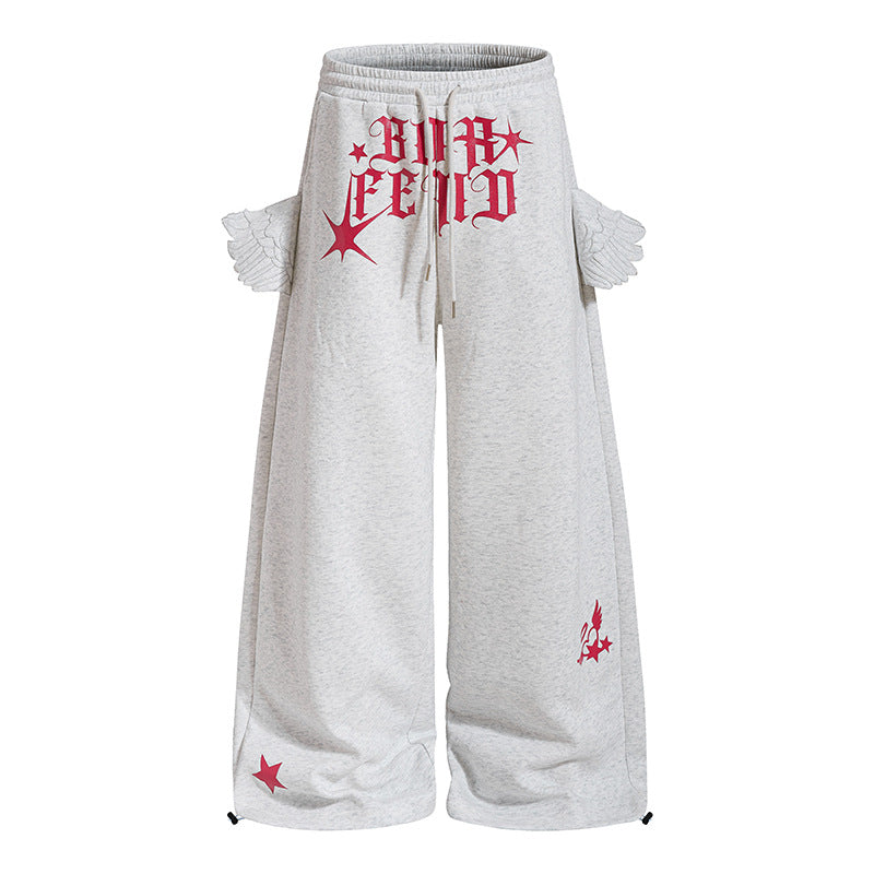 Women's Extra Wide Palazzo Sweatpants with Wing Pockets, Drawstring Waistband and Gothic Print Mune Fashion