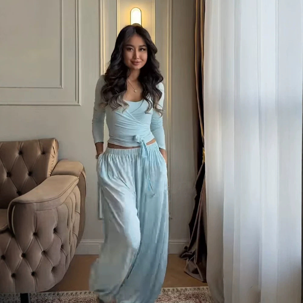 Women's loungewear set with wrap cropped top and wide palazzo pants Mune Fashion