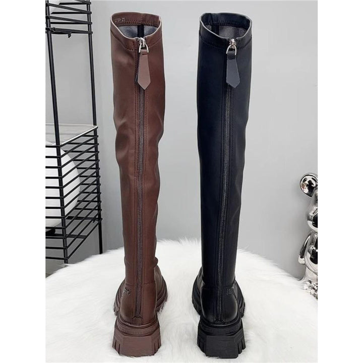 Women's Thigh-High Stretch Boots with Sleek Shaft and Shaped Platform Sole Mune Fashion