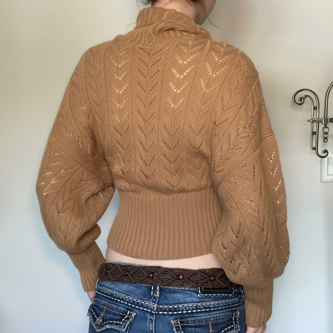 Women's short knit turtleneck with decorative button placket and balloon sleeves Mune Fashion
