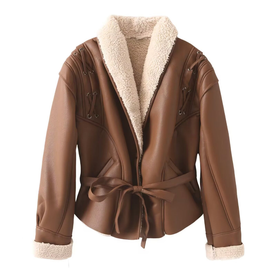 Women's Short Faux Leather Jacket with Teddy Lining, Shawl Collar and Waist Belt Mune Fashion