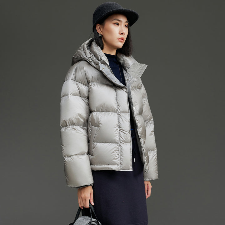 Women Short Cut Quilted Down Bomber Jacket with Hood Mune Fashion