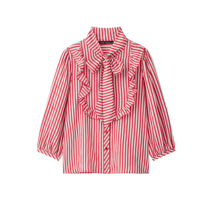 Women's Striped Blouse with Bow Collar, Ruffled Yoke and Balloon Sleeves Drune