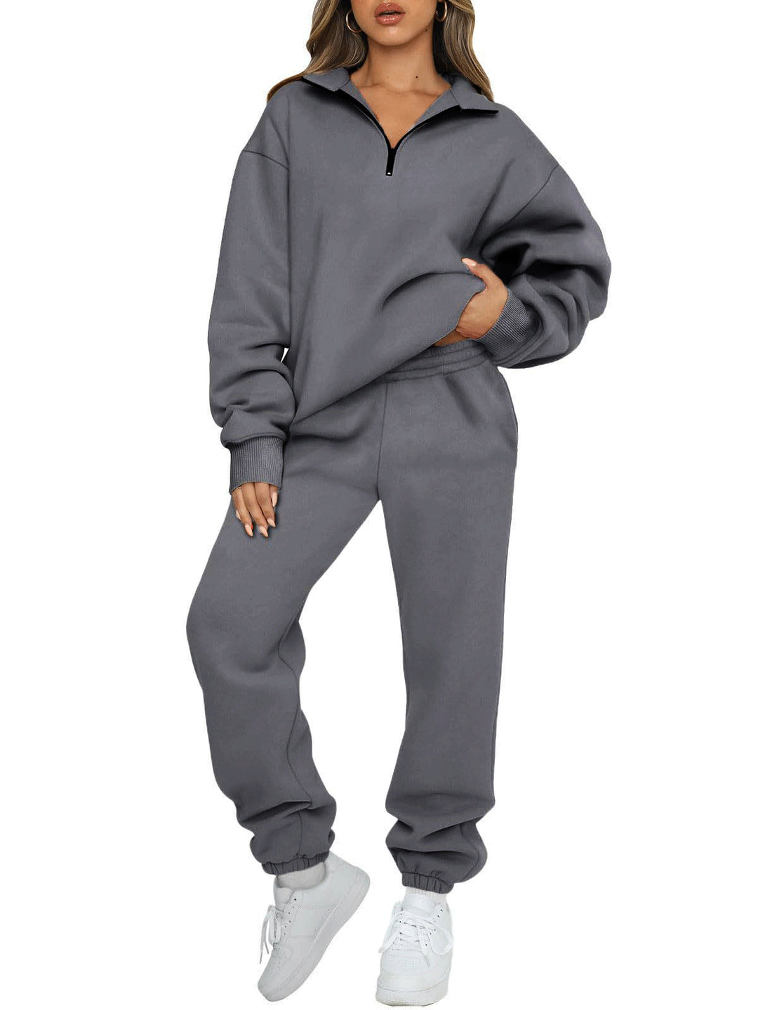 Women's oversized sweatshirt jogging pants set with zipper collar Mune Fashion